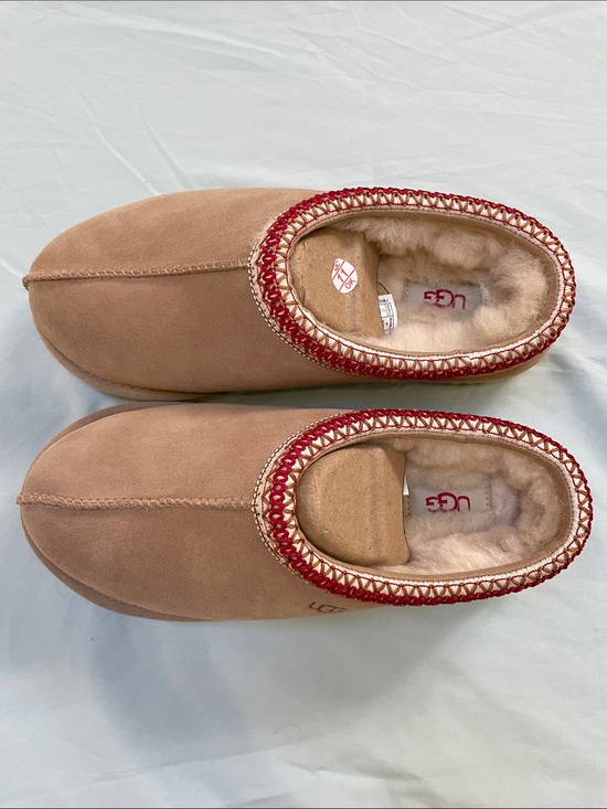 UGG Shoes - UGG Chestnut Suede Sheepskin Clog with Red Trim